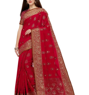 Party Wear Cherry Red Colour Banarasi Silk Mirror Work Festival Saree