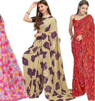 Georgette Floral Printed Multicolor Womens Saree With Blouse Piece Combo Of 3