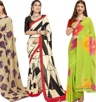 Georgette Floral Printed Multicolor Womens Saree With Blouse Piece Combo Of 3