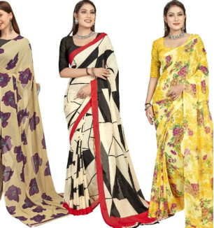 Georgette Floral Printed Multicolor Womens Saree With Blouse Piece Combo Of 3