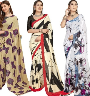 Georgette Floral Printed Multicolor Womens Saree With Blouse Piece Combo Of 3