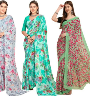 Georgette Floral Printed Multicolor Womens Saree With Blouse Piece Combo Of 3