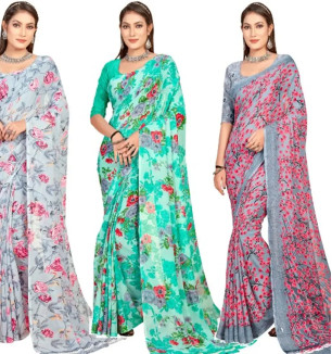 Georgette Floral Printed Multicolor Womens Saree With Blouse Piece Combo Of 3