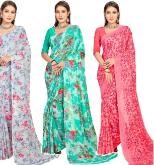 Georgette Floral Printed Multicolor Womens Saree With Blouse Piece Combo Of 3