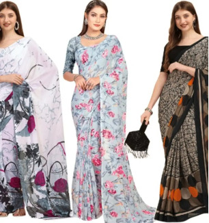 Georgette Floral Printed Multicolor Womens Saree With Blouse Piece Combo Of 3