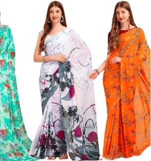 Georgette Floral Printed Multicolor Womens Saree With Blouse Piece Combo Of 3