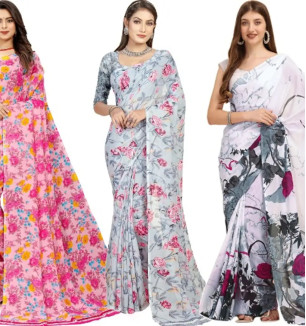 Georgette Floral Printed Multicolor Womens Saree With Blouse Piece Combo Of 3