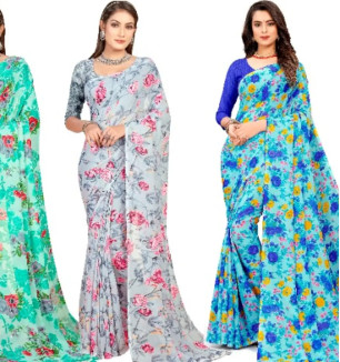 Georgette Floral Printed Multicolor Womens Saree With Blouse Piece Combo Of 3