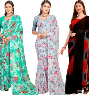 Georgette Floral Printed Multicolor Womens Saree With Blouse Piece Combo Of 3