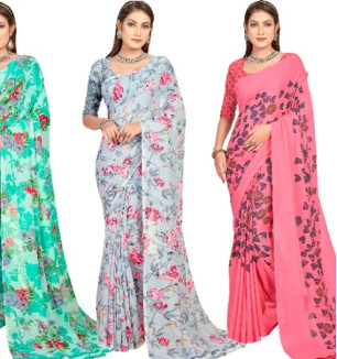 Georgette Floral Printed Multicolor Womens Saree With Blouse Piece Combo Of 3