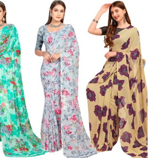 Georgette Floral Printed Multicolor Womens Saree With Blouse Piece Combo Of 3