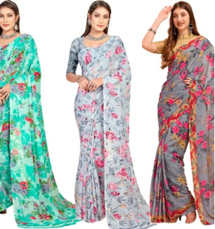 Georgette Floral Printed Multicolor Womens Saree With Blouse Piece Combo Of 3