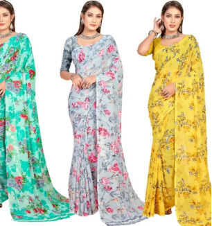 Georgette Floral Printed Multicolor Womens Saree With Blouse Piece Combo Of 3