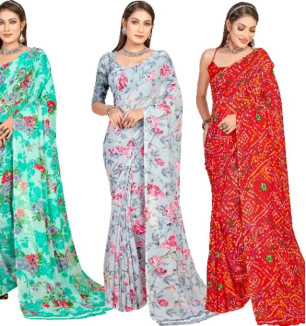 Georgette Floral Printed Multicolor Womens Saree With Blouse Piece Combo Of 3