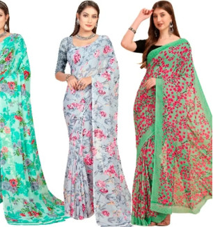 Georgette Floral Printed Multicolor Womens Saree With Blouse Piece Combo Of 3