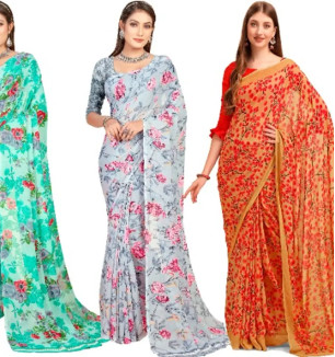 Georgette Floral Printed Multicolor Womens Saree With Blouse Piece Combo Of 3