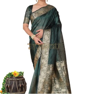 Mayapati Zari Woven Organza Saree|5.5M| For Women With Unstitched Blouse |0.8M| (Dark Green)