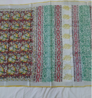 Kalamkari Block Print Linen Handloom Woven Saree With Zari Border.