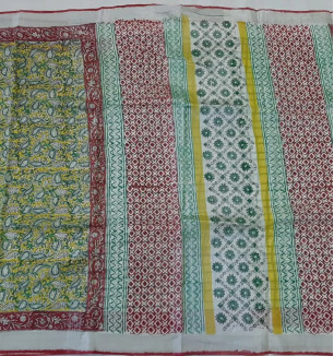 Kalamkari Block Print Linen Handloom Woven Saree With Zari Border.