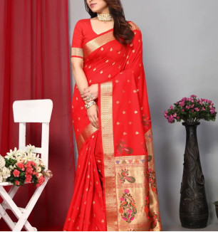 Women's Paithani Silk Saree With Unstitched Blouse Piece