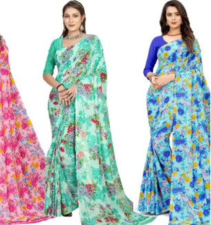 Georgette Floral Printed Multicolor Womens Saree With Blouse Piece Combo Of 3