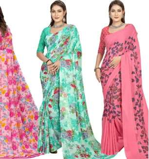 Georgette Floral Printed Multicolor Womens Saree With Blouse Piece Combo Of 3