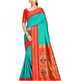 Stylish Tussar Silk Turquoise Saree With Blouse Piece