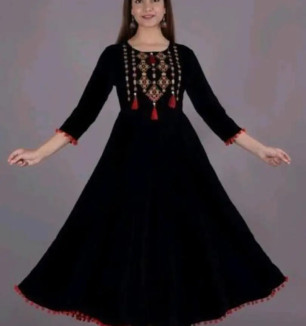 Black Rayon Embroidered Kurtas For Women