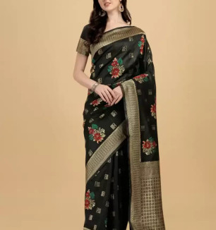 Stylish Art Silk Black Woven Design Saree With Blouse Piece