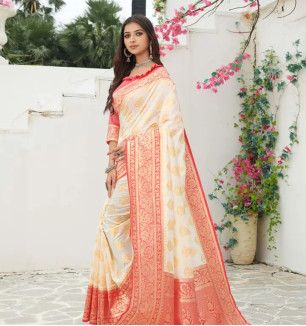 Beautiful Cream Banarasi Silk Jacquard Saree With Blouse Piece For Women