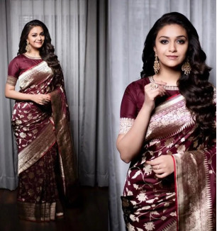 Beautiful Maroon Banarasi Silk Jacquard Saree With Blouse Piece For Women