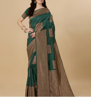 Beautiful Green Banarasi Silk Jacquard Saree With Blouse Piece For Women