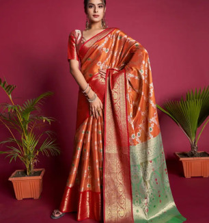 Womens Soft Kanjivaram Silk Blend Saree With Blouse Piece