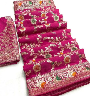 Chanderi Cotton Jacquard Zari Weaving Sarees With Blouse Piece