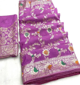 Chanderi Cotton Jacquard Zari Weaving Sarees With Blouse Piece