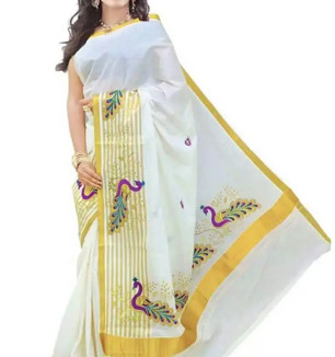 White Kerala Kasavu Cotton Saree With Blouse Piece