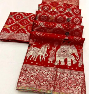 Bridal Chanderi Cotton Bandhani Jacquard Weaving Saree With Blouse Piece