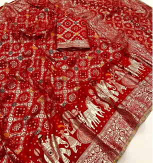 Bridal Chanderi Cotton Bandhani Jacquard Weaving Saree With Blouse Piece