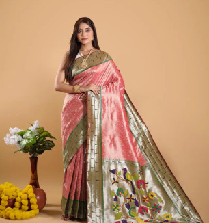 Womens Paithani Silk Saree With Blouse Piece