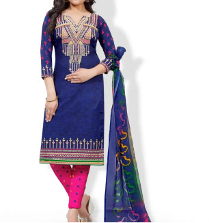 Navy Blue Printed Crepe Dress Material With Dupatta