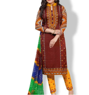 Brown Crepe Printed Unstitched Dress Material For Women