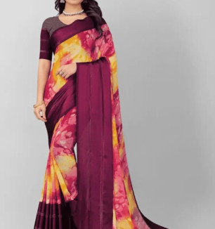 ATTIRIS Womens Georgette Satin Printed Saree With Blouse Piece