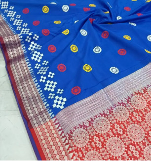 Banarasi Satin Silk Pasapalli Embroidery Work Sambhalpuri Saree With Blouse Piece