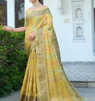 Soft Organza Saree With Meena Work All Over With Fancy Jacquard Border Of Pure Jari Work.