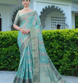 Soft Organza Saree With Meena Work All Over With Fancy Jacquard Border Of Pure Jari Work.