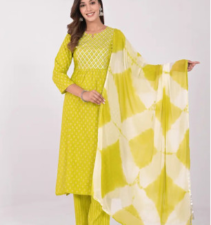 Attractive Yellow Viscose Rayon Kurta Pant With Dupatta Set For Women