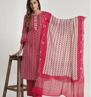 Attractive Red Viscose Rayon Kurta Pant With Dupatta Set For Women