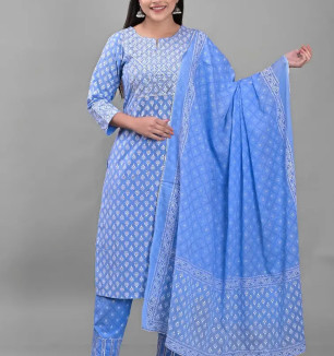 Attractive Blue Viscose Rayon Kurta Pant With Dupatta Set For Women