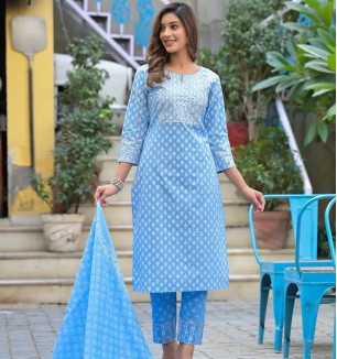 Attractive Blue Viscose Rayon Kurta Pant With Dupatta Set For Women