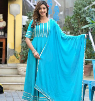 Attractive Blue Viscose Rayon Kurta Pant With Dupatta Set For Women